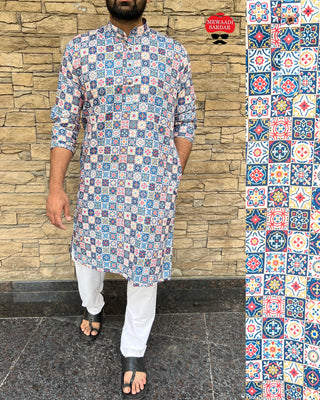 Designer Soft Cotton Print Kurta Set For Men