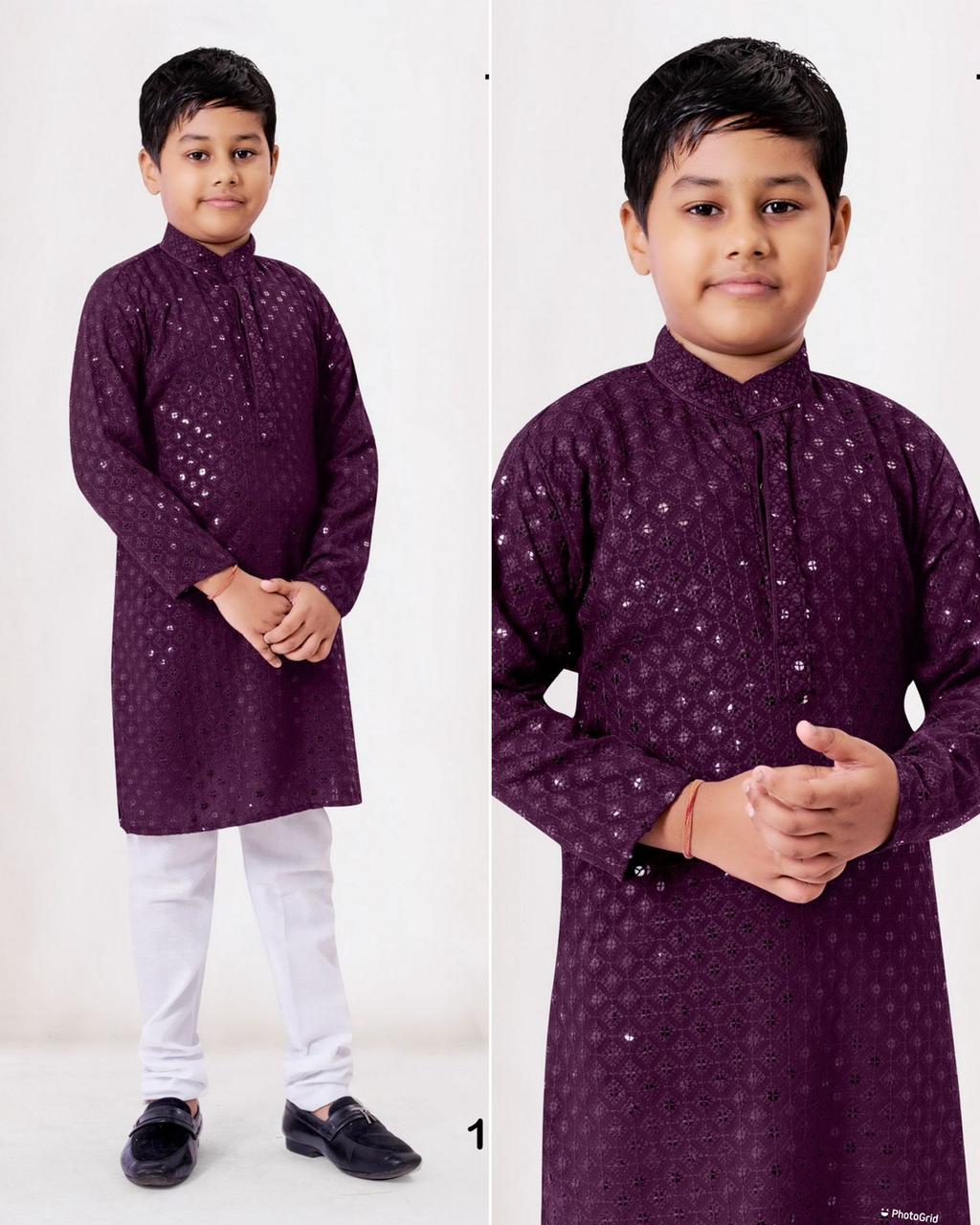 Wine Chikankari Kurta For Kids Boys Ethnic Wear Kids Kurta Pyjama