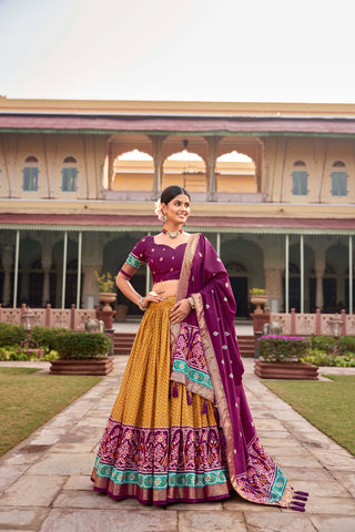 Mustard Silk patola foil print design lehenga choli with price