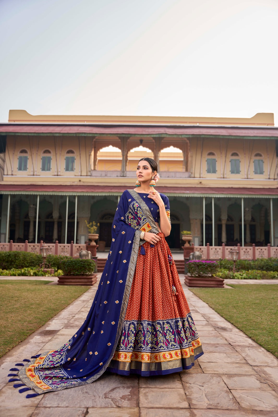 Orange Silk patola foil print design lehenga choli online shopping