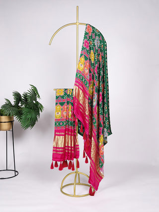 Gaji Silk Digital Print with Lagadi Patta Green Dupatta for Lenghas and Salwar