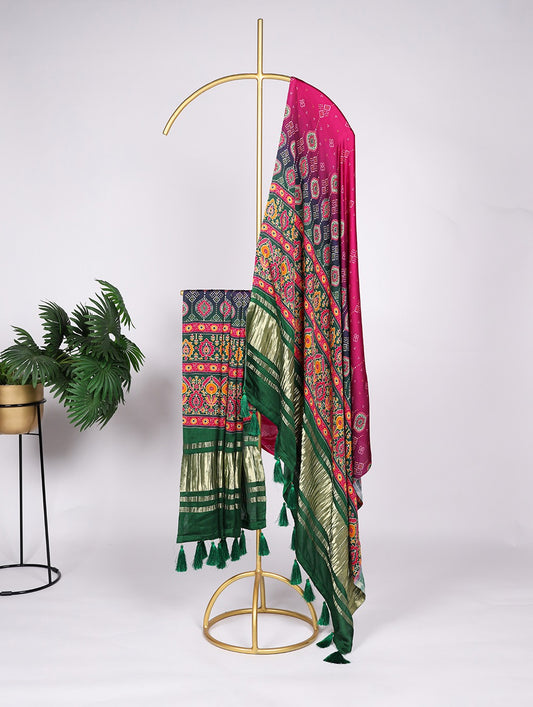 Gaji Silk Digital Print with Lagadi Patta Green Dupatta for Lenghas and Salwar