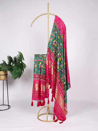 Gaji Silk Digital Print with Lagadi Patta Green Dupatta for Lenghas and Salwar