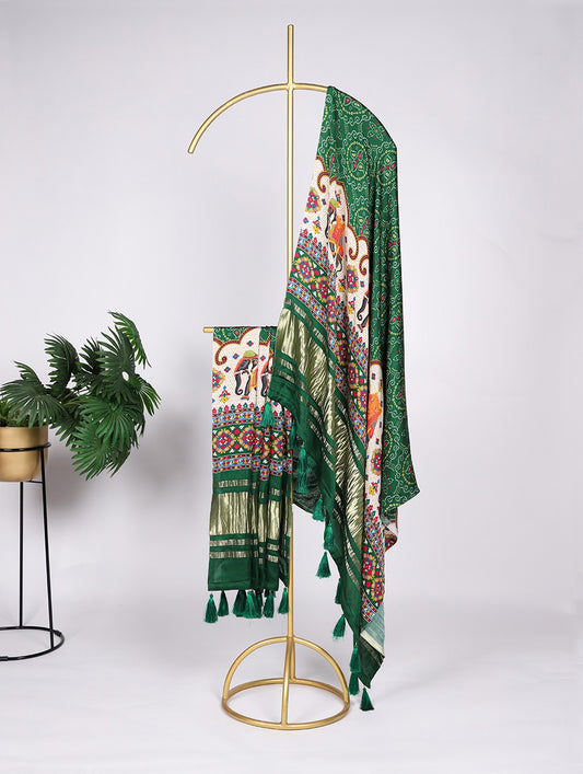 Gaji Silk Digital Print with Lagadi Patta Green Dupatta for Lenghas and Salwar
