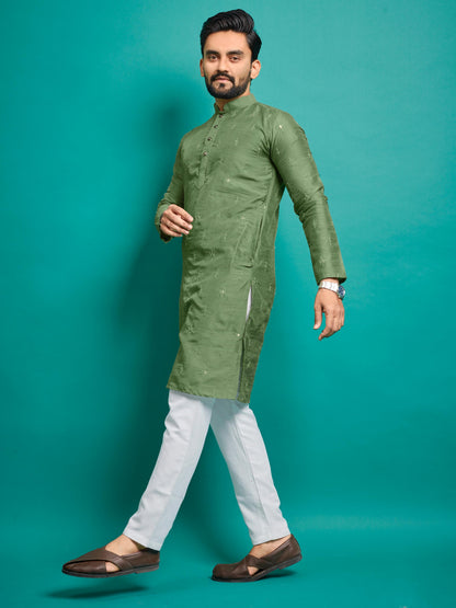 Green color silk designer kurta for men