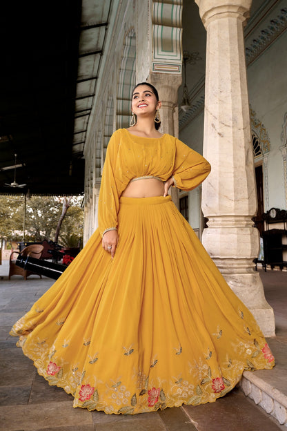 Yellow georgette wedding lehenga choli for women