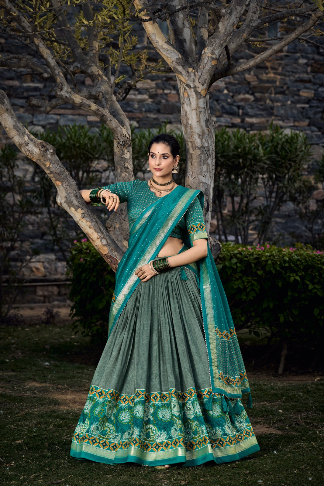 Designer Floral Print With Foil Print Tussar Silk Lehengas Choli