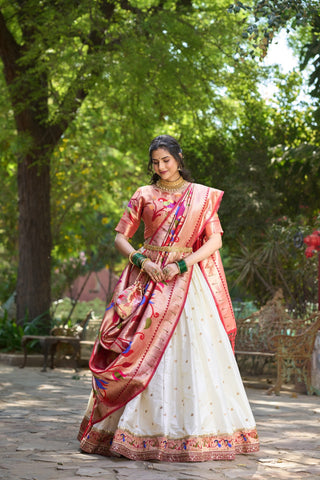 Beautiful Maharastrian Lehenga Choli Designer White Paithani Lenghas