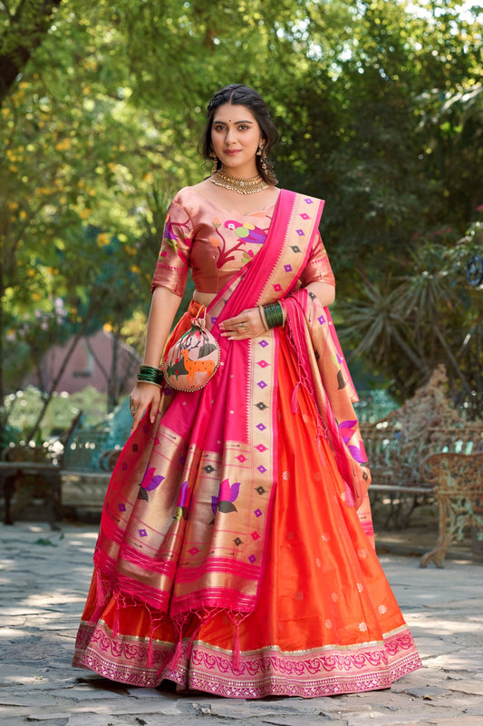 Orange Jacquard Silk Traditional Lehanga Choli for Engagement