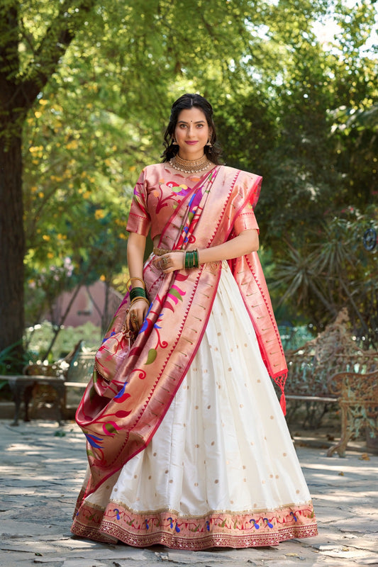 Beautiful Maharastrian Lehenga Choli Designer White Paithani Lenghas