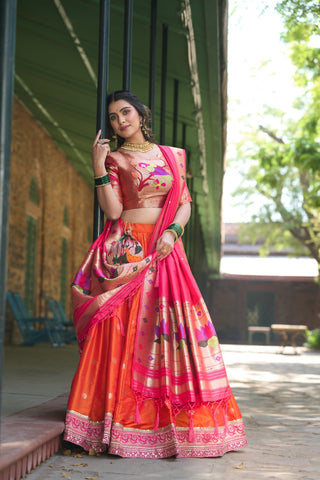 Orange Jacquard Silk Traditional Lehanga Choli for Engagement