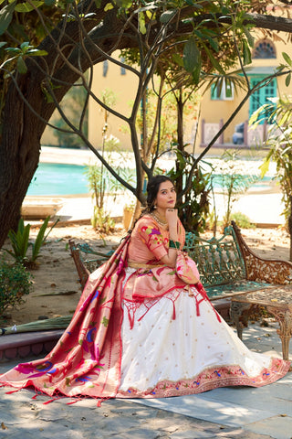 Beautiful Maharastrian Lehenga Choli Designer White Paithani Lenghas