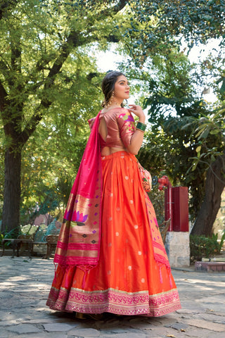 Orange Jacquard Silk Traditional Lehanga Choli for Engagement