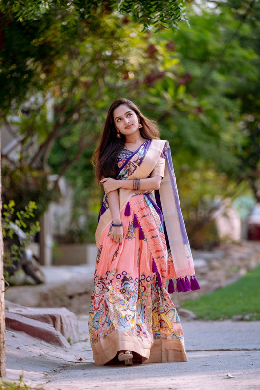 Yellow Color Kalamkari Print Dola Silk Lehenga Choli for Sangeet Function