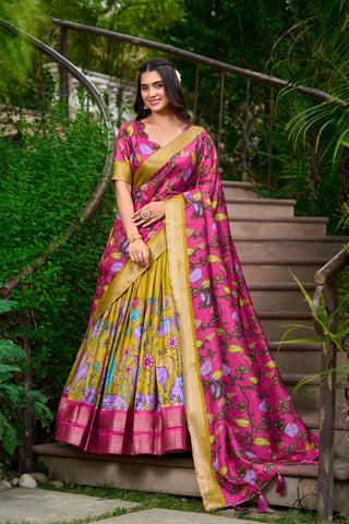 Mustard kalamkari navratri special usa lehenga choli for party wedding