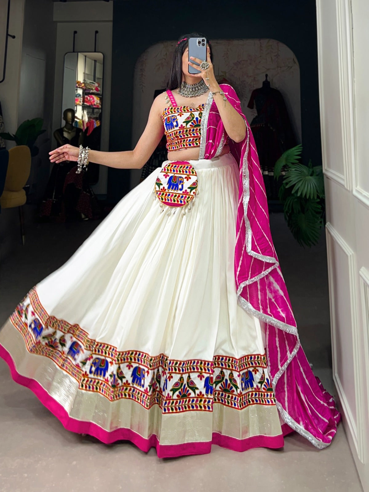 Plain with gamthi work lace border lehenga choli
