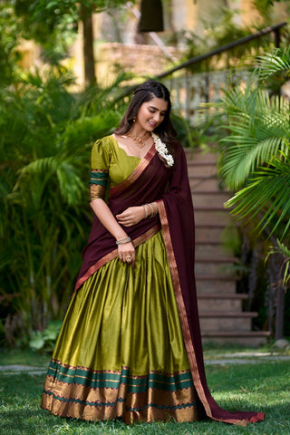 olive green silk lehenga choli