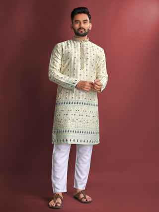 White color jacquard  silk kurta pajama set