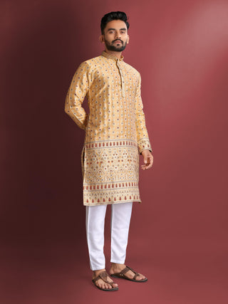 Yellow color amboj work  kurta  with pajama set