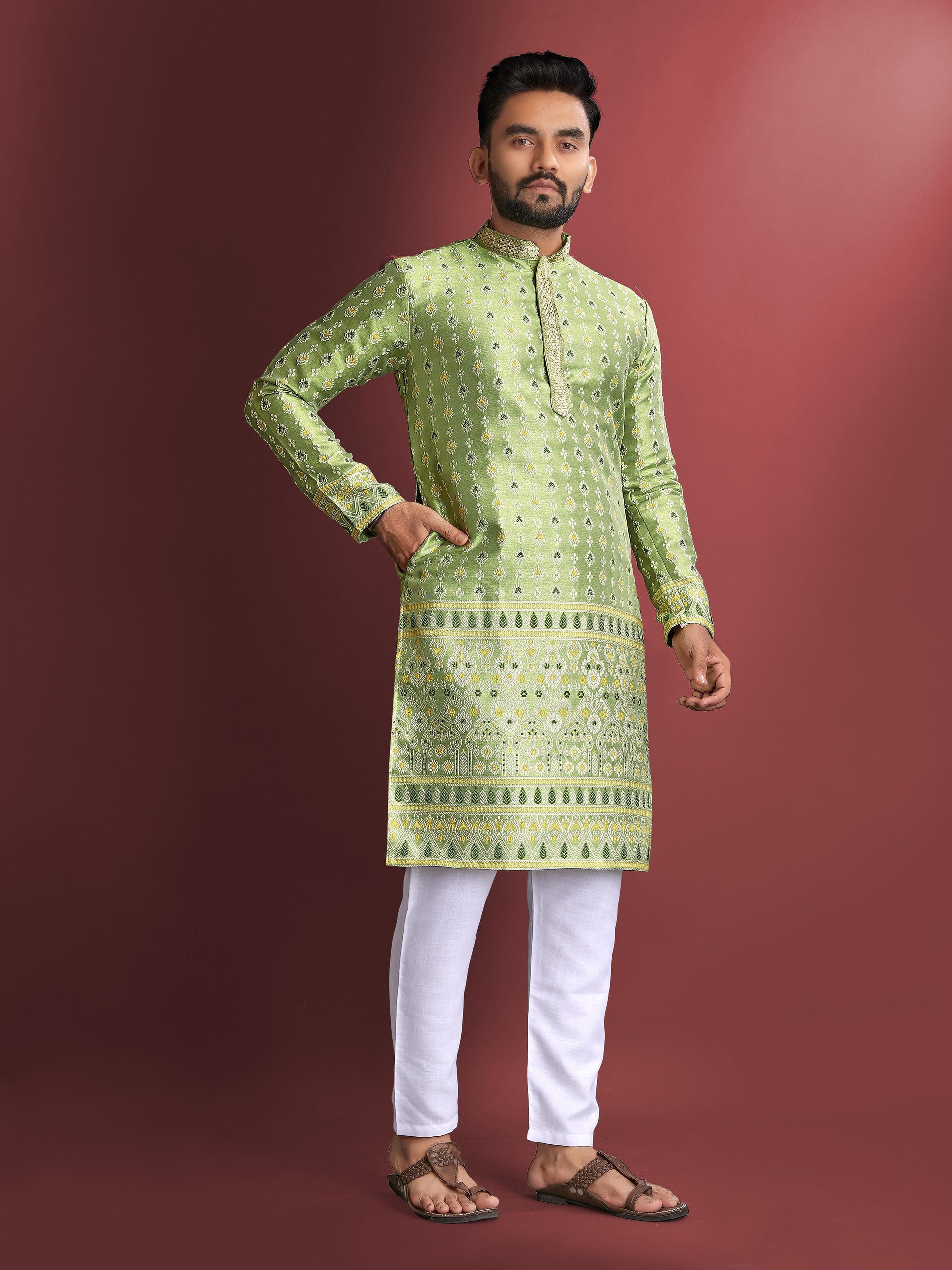 Green color party wear men 's kurta set