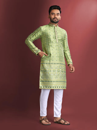 Green color party wear men 's kurta set