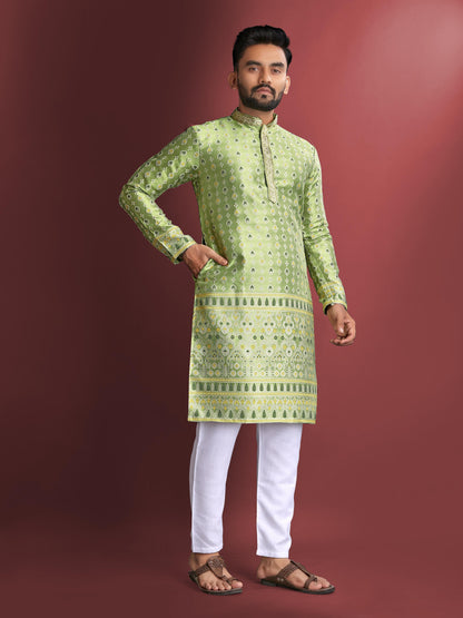 Green color party wear men 's kurta set
