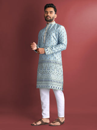 Sky color jacquard silk kurta set