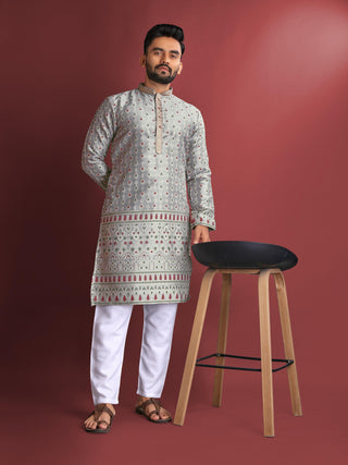 Grey color jacquard silk kurta pajama set online