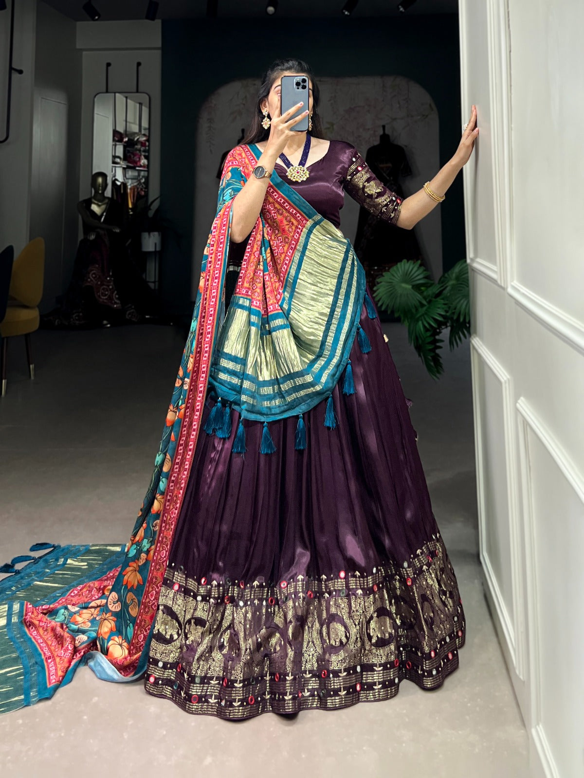 modern looking wedding guest gaji silk lehenga choli