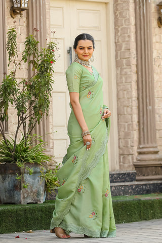 Pista Colour Saree party wear
