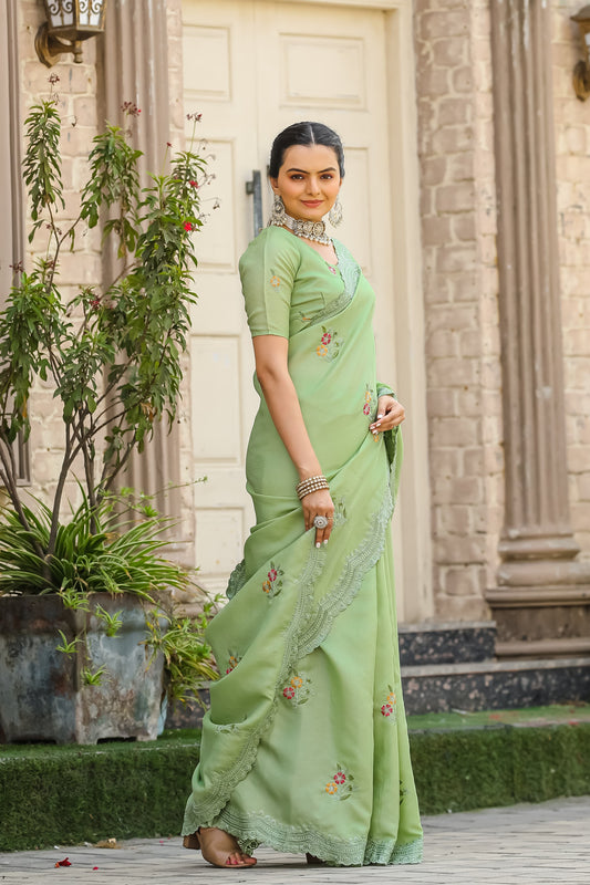 Pista Colour Saree party wear
