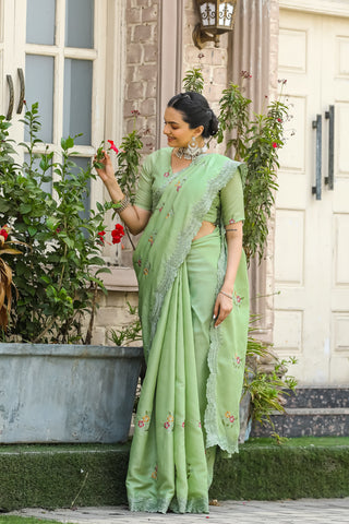 Pista colour Saree with Jewellery
