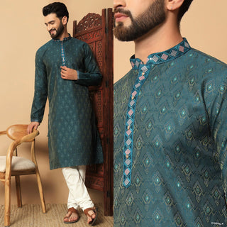 Teal green color silk kurta pajama set