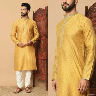 Yellow color silk jecquard kurta pajama set