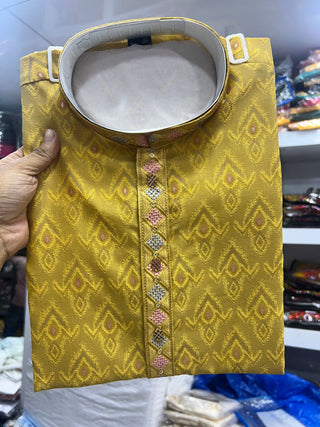 Haldi function Yellow color silk jecquard kurta pajama set price