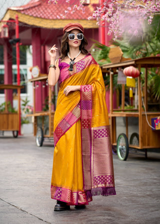 yellow banarasi silk sarees for women