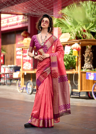 coral red banarasi silk saree online