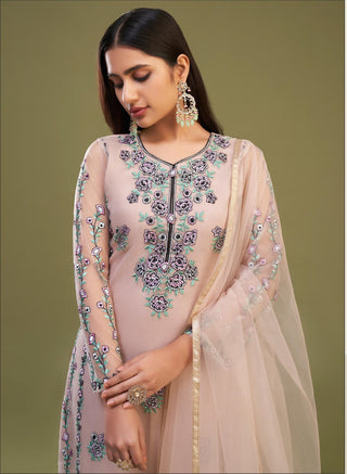 Trendy Peach Net Embroidered Top with Pant for Eid Festival