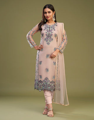 Trendy Peach Net Embroidered Top with Pant for Eid Festival