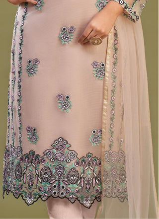 Trendy Peach Net Embroidered Top with Pant for Eid Festival