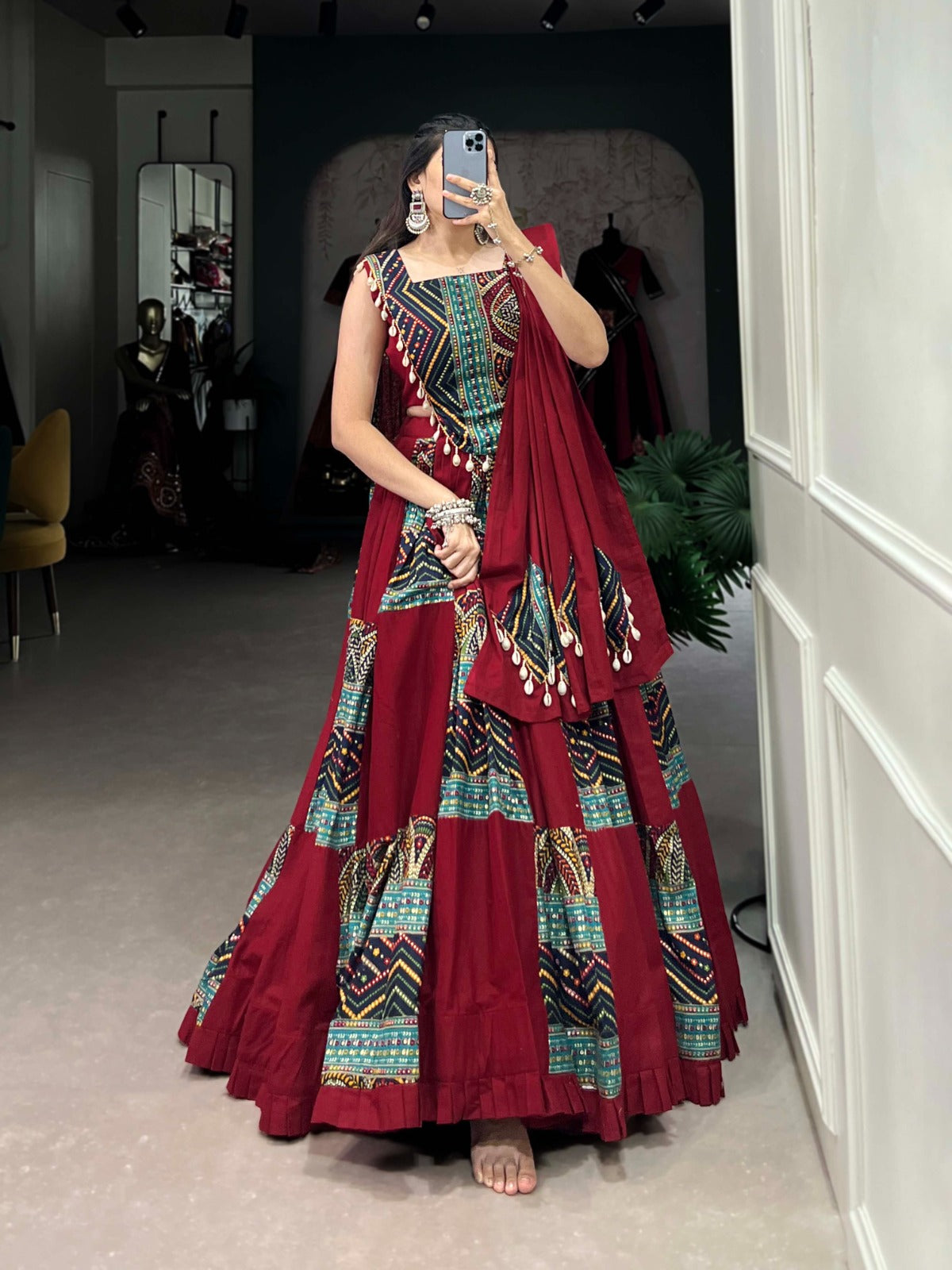 Maroon Cotton Printed Navratri Chaniya Choli With Dupatta
