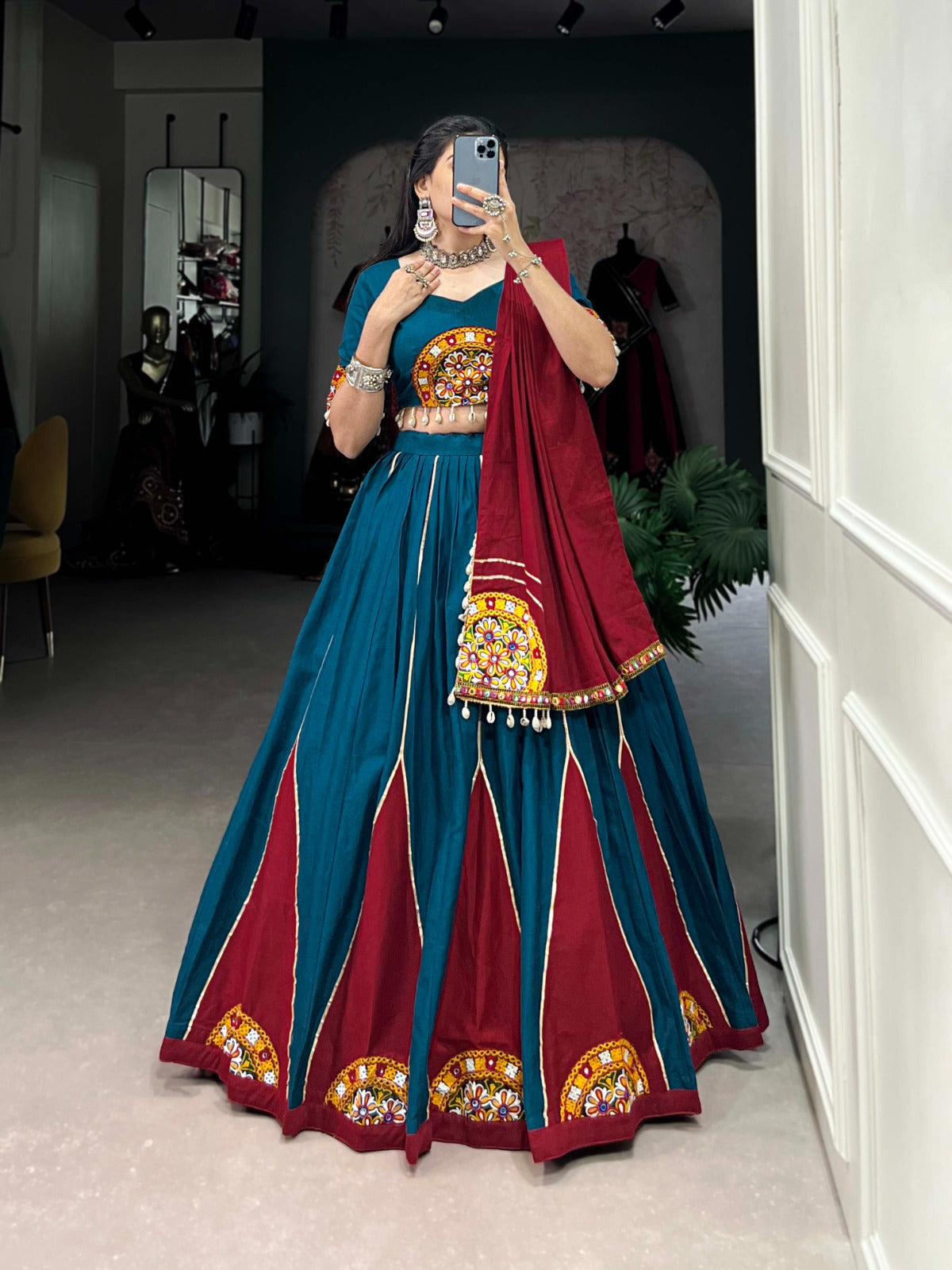 Teal gamthi patch work chaniya choli