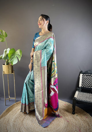 Sky color silk weaving saree for wedding online