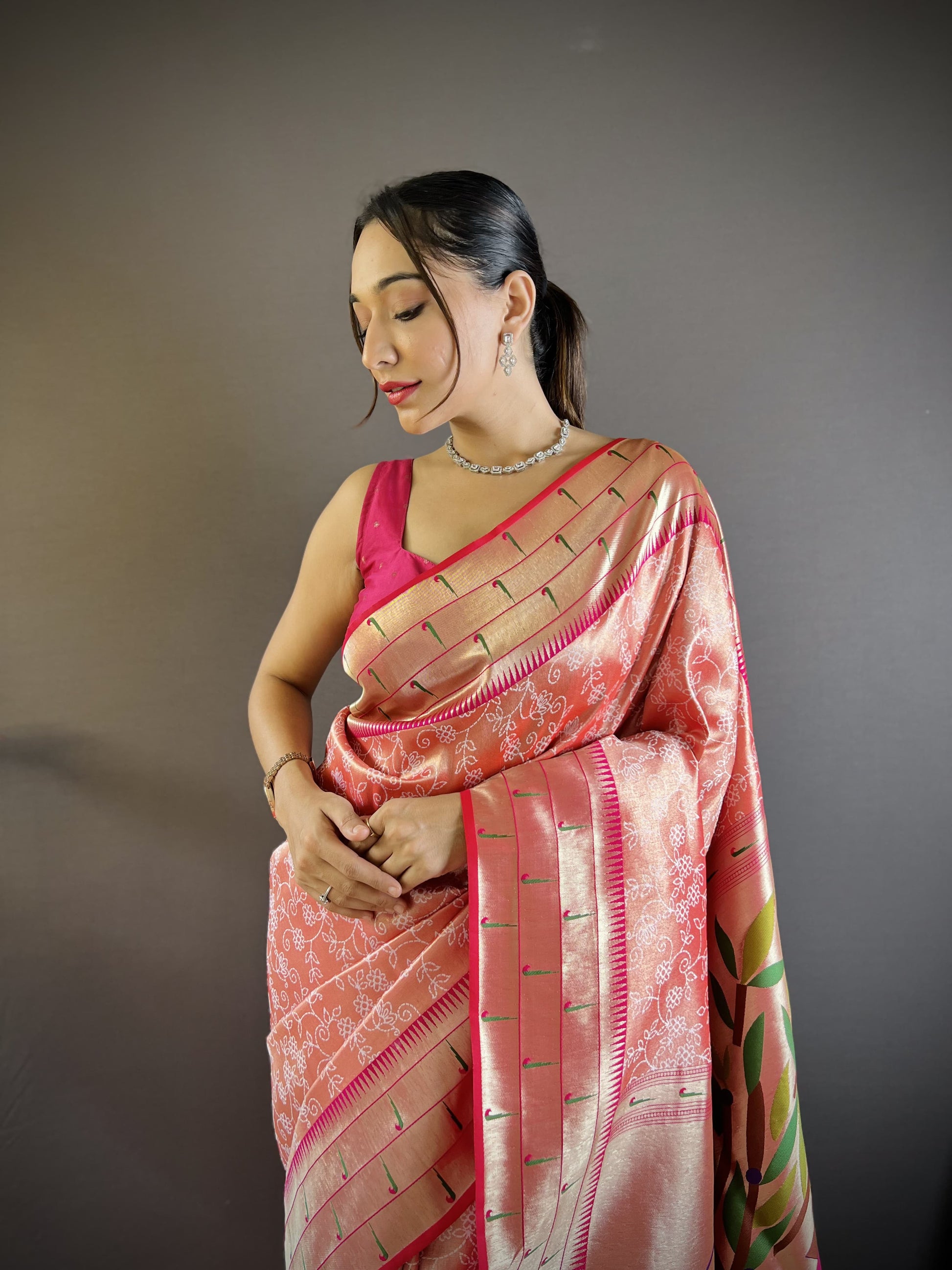 Peach color silk weaving saree with blouse images