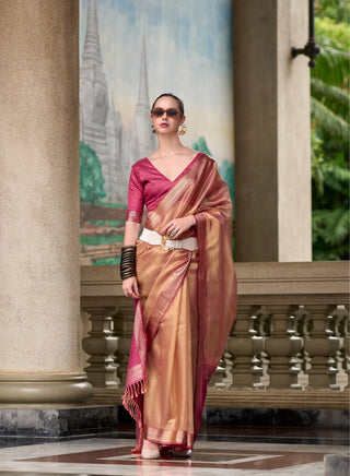 Pure peach tissue weaving sarees online
