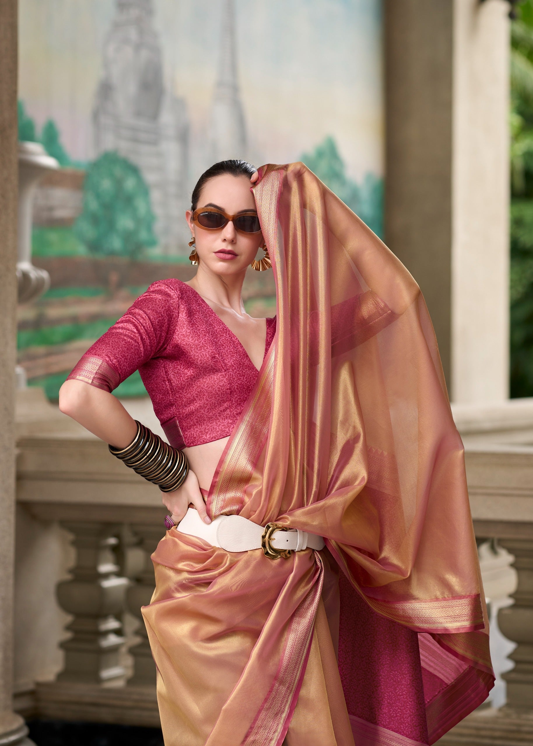 Peach colour Saree with contrast Blouse
