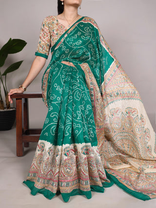 Green Madhubani Print Silk Saree
