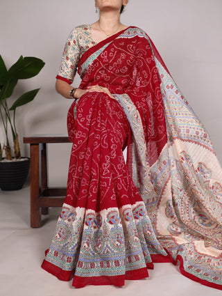 Red Madhubani printed silk saree with blouse price
