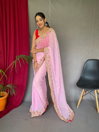 Sequins work pink saree with online shopping