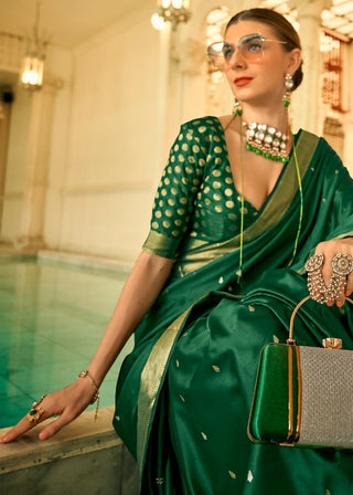 Dark green satin handwoven saree
